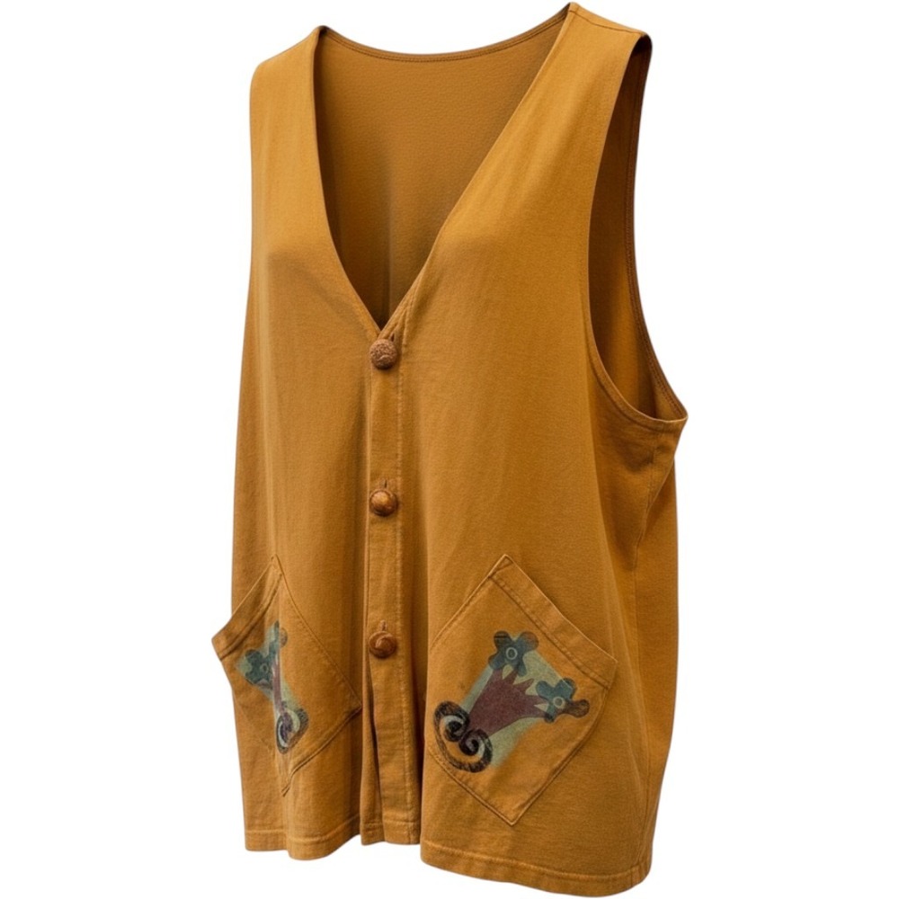 Blue Fish Artistic Button Front Vest Womensβ OS Mustard Yellow Hand Printed Boho